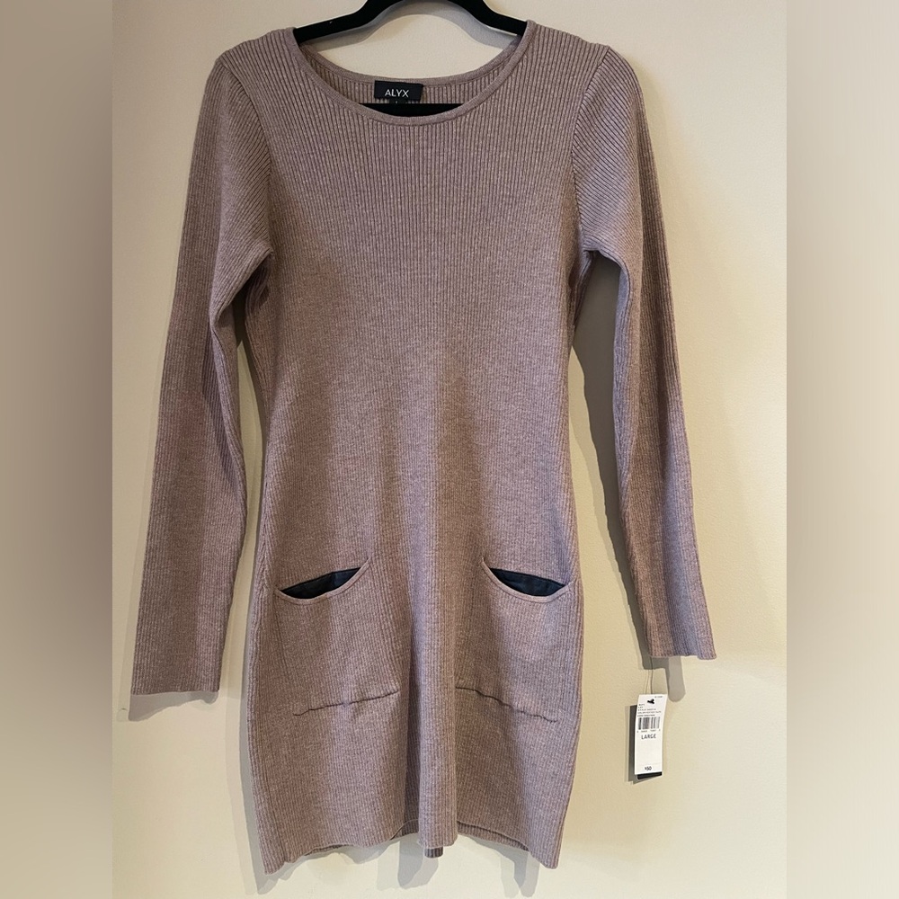 ALYX Mini Sweater dress, long sleeve ribbed fabric, faux leather pocket detail